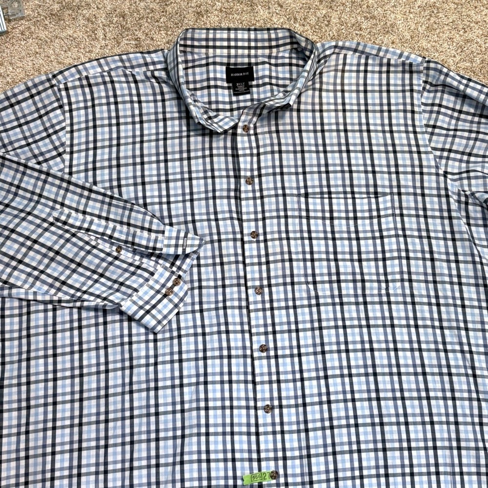 Harbor Bay Button Down Shirt Mens 3XLT Blue Plaid Long Sleeve Pocket Tall